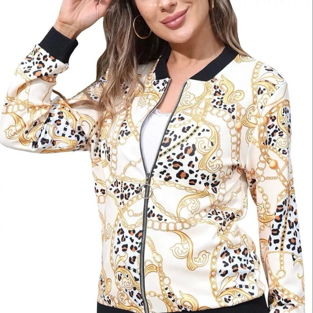 BWQ Women’s Medium Stand Collar Leopard White Long Sleeve Casual Bomber Jacket